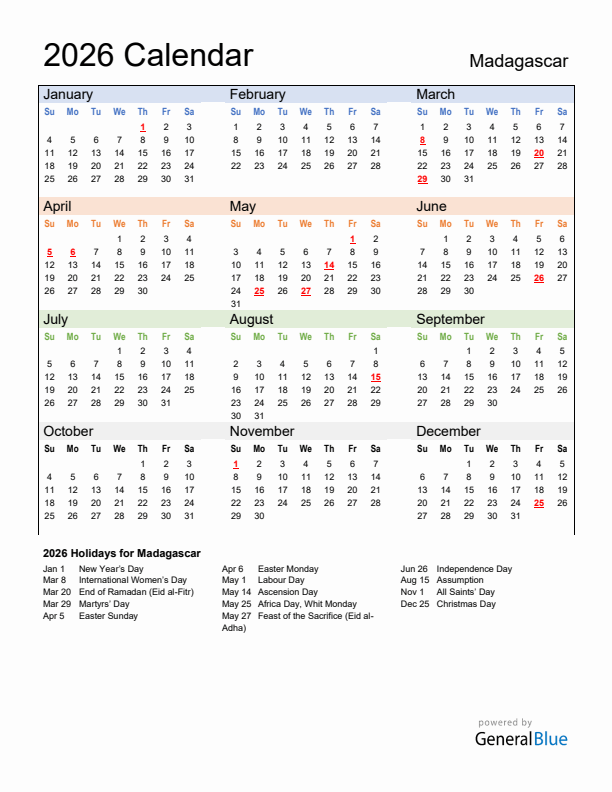 Calendar 2026 with Madagascar Holidays