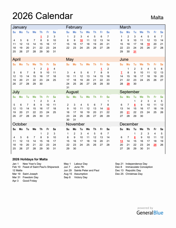 Calendar 2026 with Malta Holidays