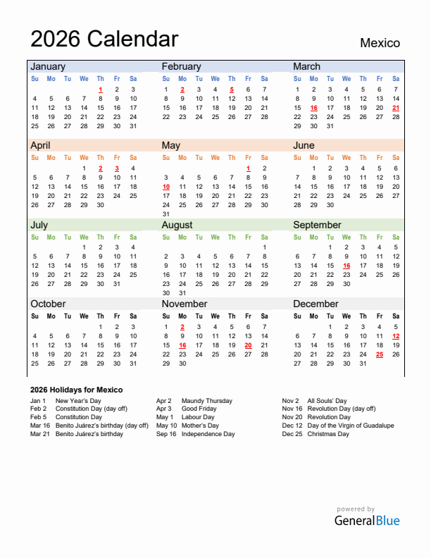 Calendar 2026 with Mexico Holidays