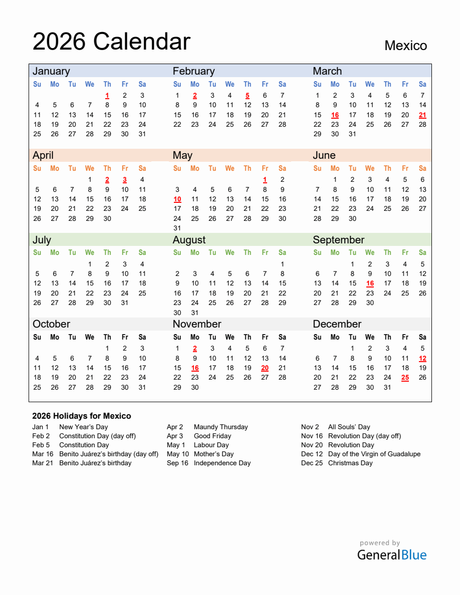 Annual Calendar 2026 with Mexico Holidays