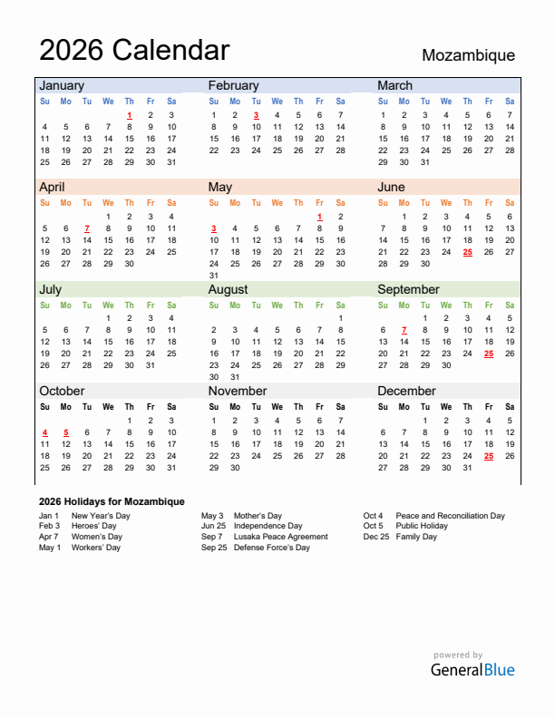Calendar 2026 with Mozambique Holidays