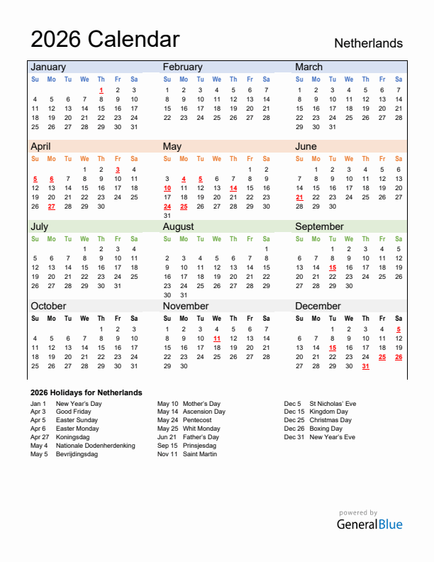 Calendar 2026 with The Netherlands Holidays