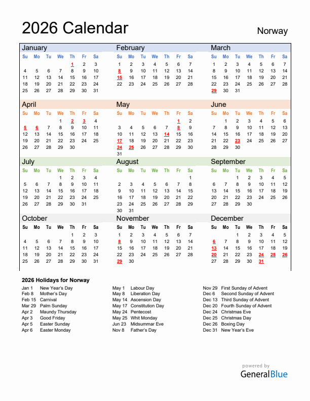Calendar 2026 with Norway Holidays
