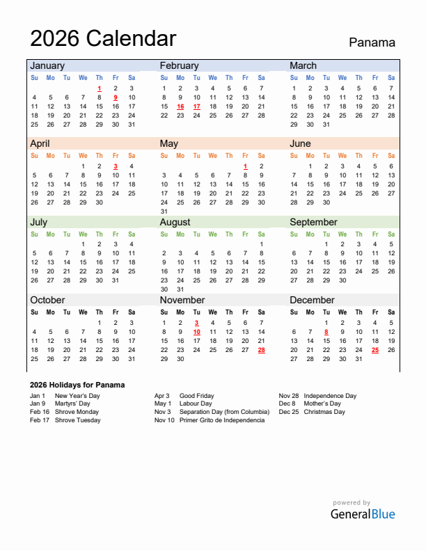 Calendar 2026 with Panama Holidays