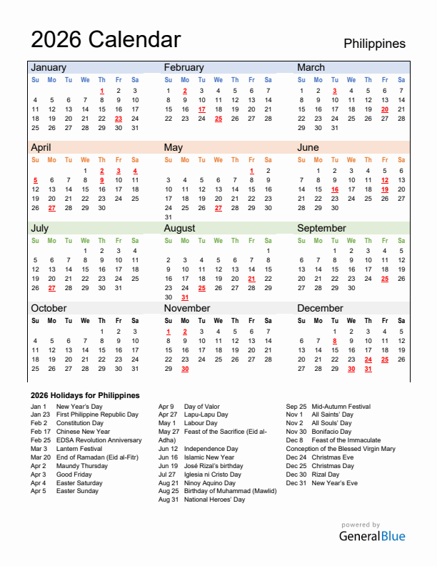 2026 Philippines Calendar with Holidays