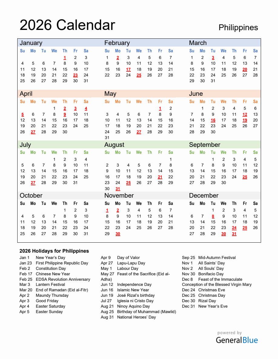 Annual Calendar 2026 with Philippines Holidays