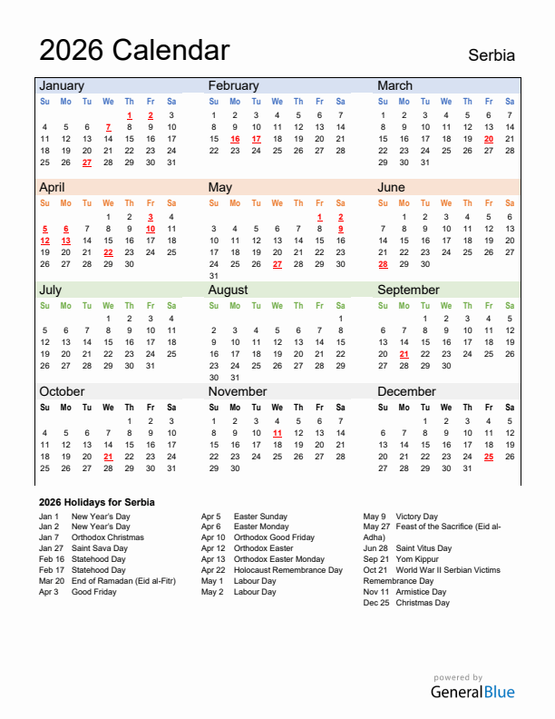 Calendar 2026 with Serbia Holidays
