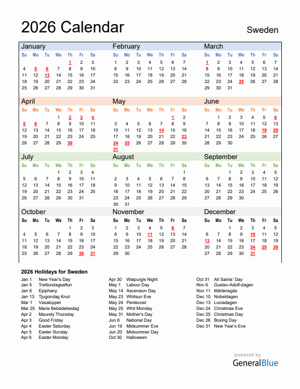 Calendar 2026 with Sweden Holidays