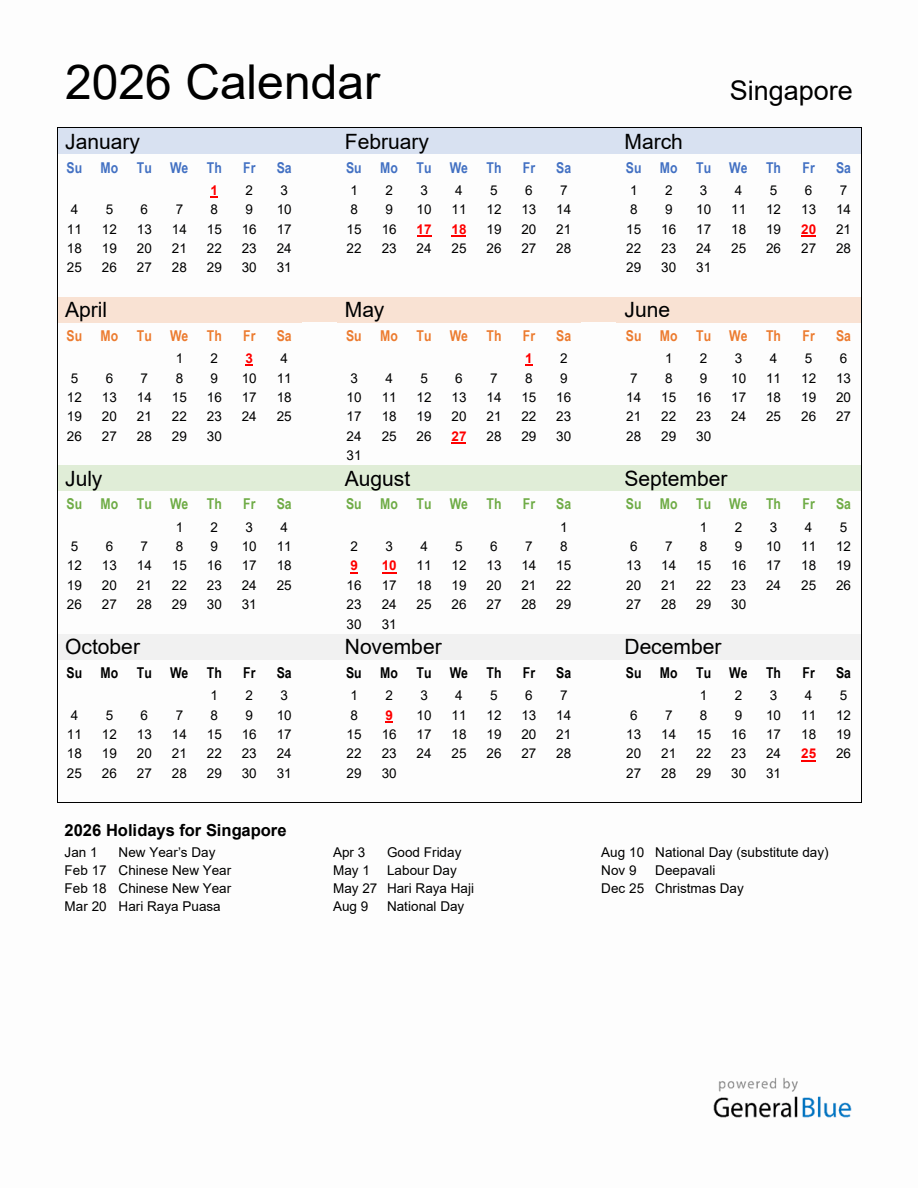 Annual Calendar 2026 with Singapore Holidays