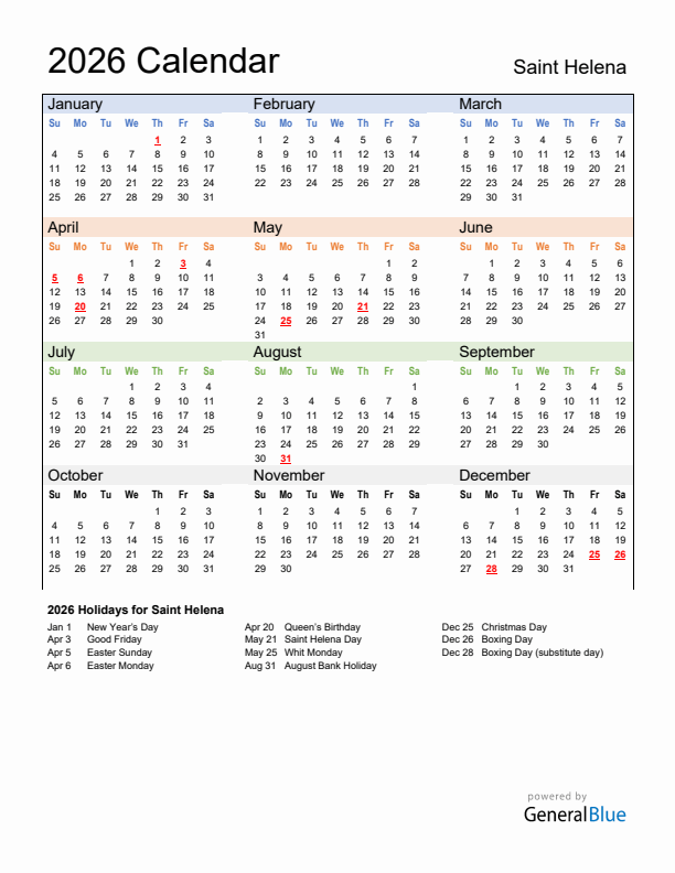 Calendar 2026 with Saint Helena Holidays