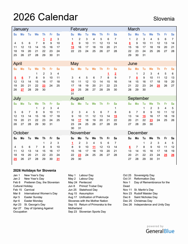 Calendar 2026 with Slovenia Holidays