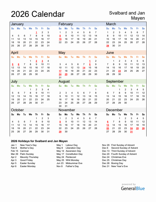Calendar 2026 with Svalbard and Jan Mayen Holidays