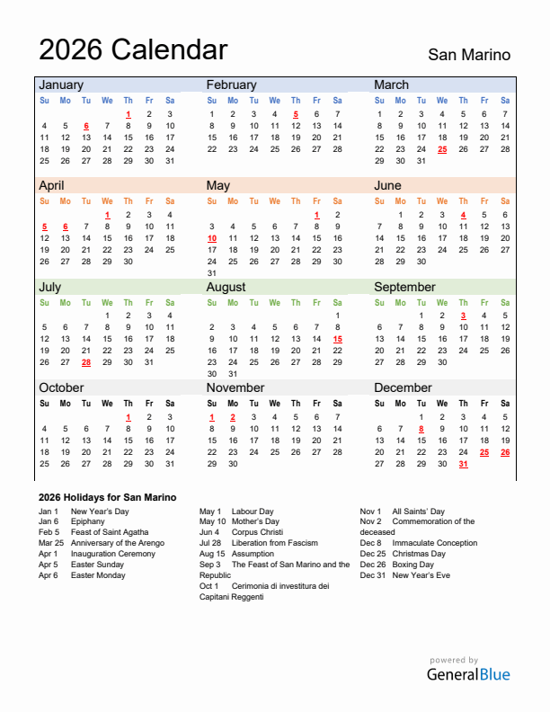 Calendar 2026 with San Marino Holidays