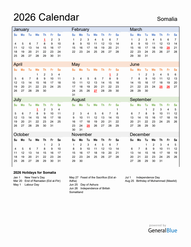Calendar 2026 with Somalia Holidays