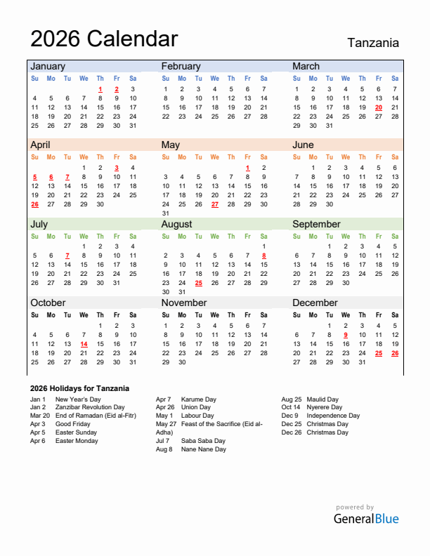 Calendar 2026 with Tanzania Holidays