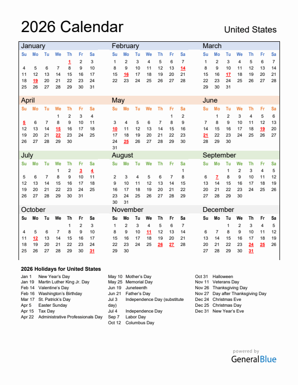 Calendar 2026 with United States Holidays