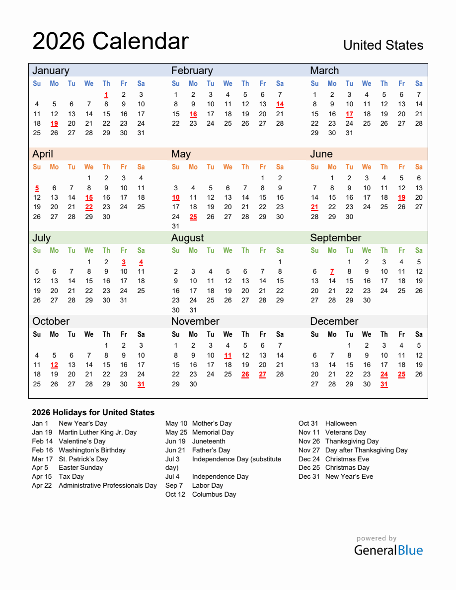 Annual Calendar 2026 with United States Holidays