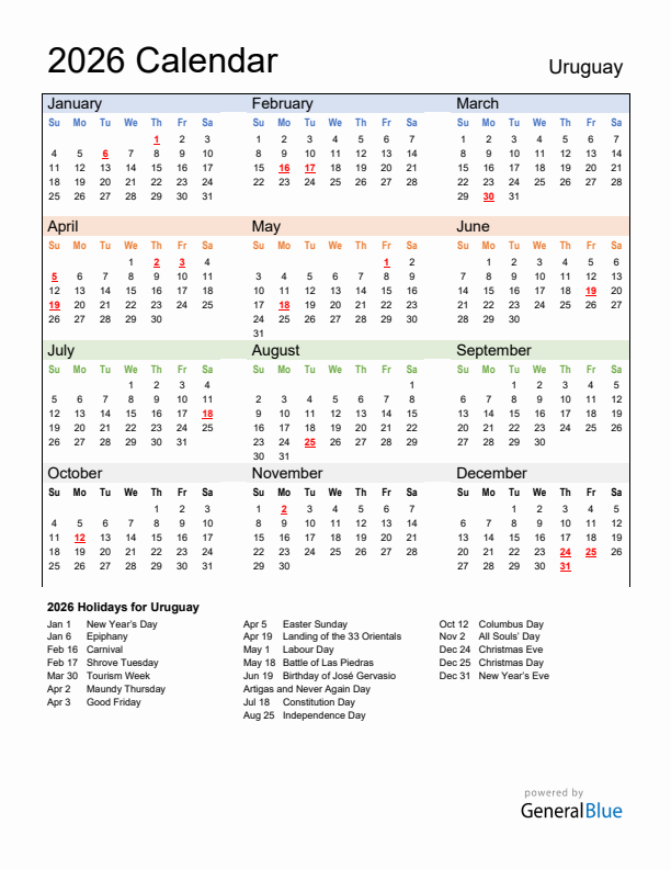 Calendar 2026 with Uruguay Holidays