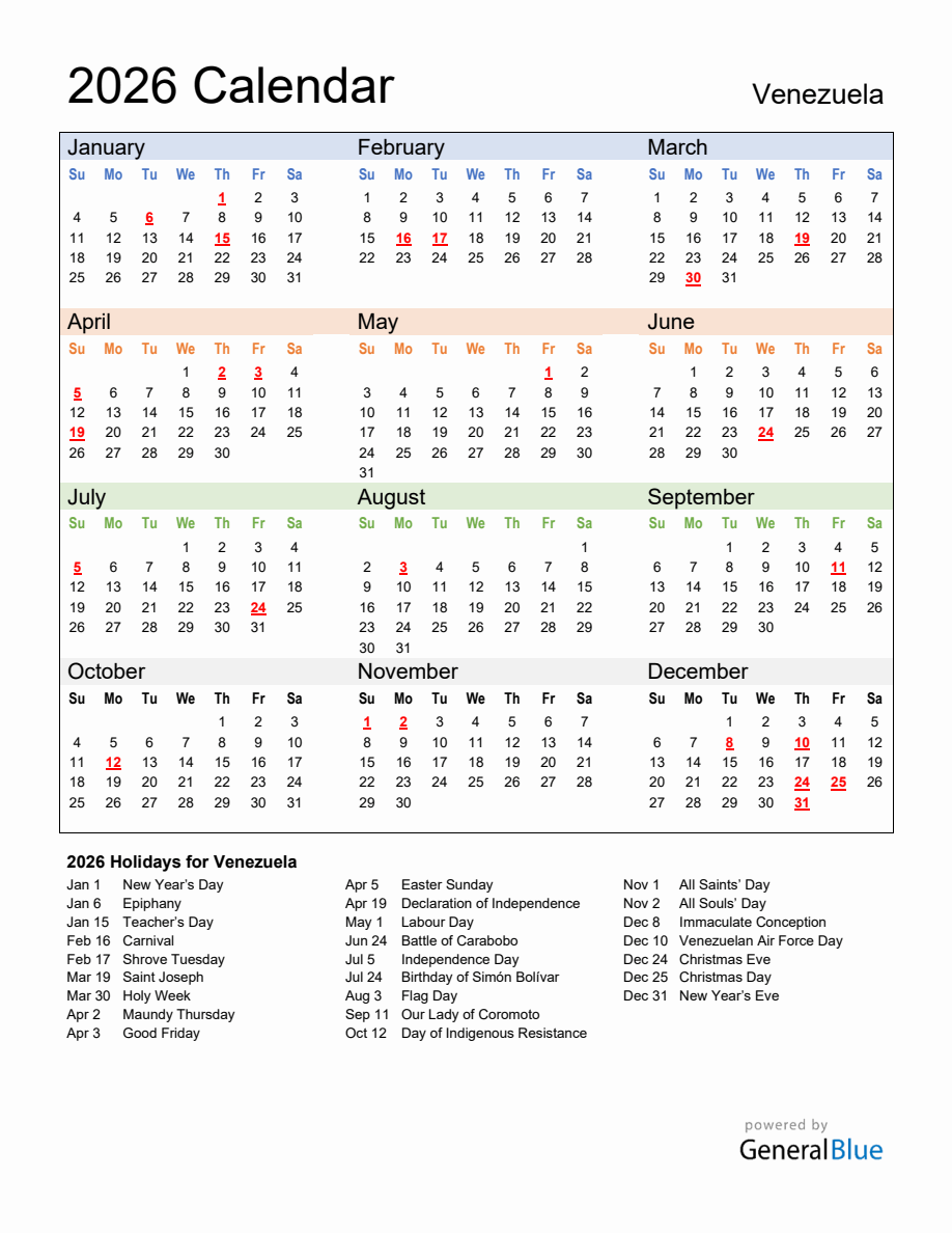 Annual Calendar 2026 with Venezuela Holidays