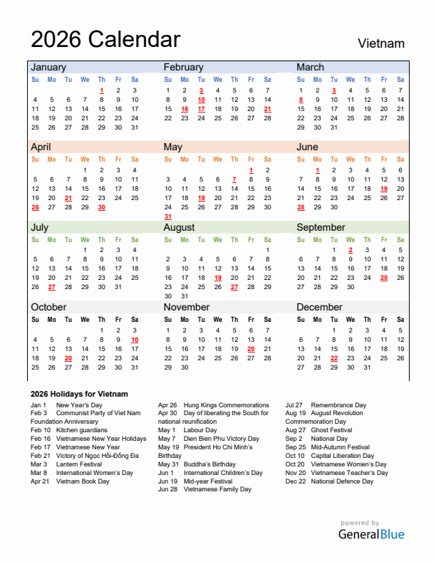 Calendar 2026 with Vietnam Holidays