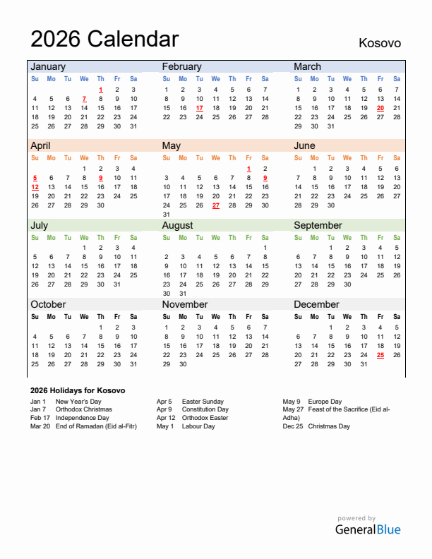 Calendar 2026 with Kosovo Holidays