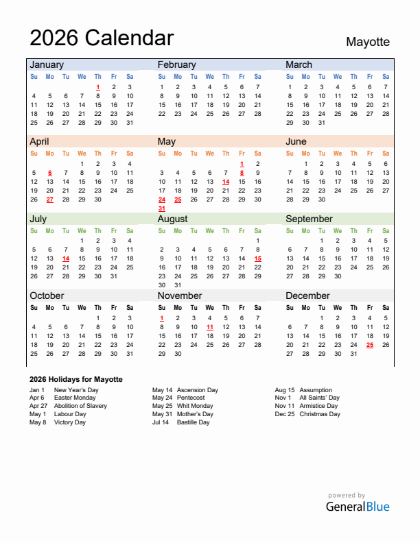 Calendar 2026 with Mayotte Holidays