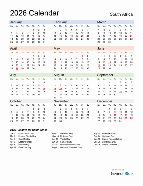 Calendar 2026 with South Africa Holidays