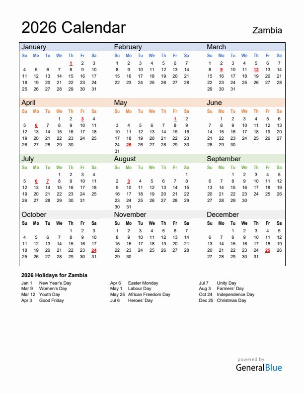 Calendar 2026 with Zambia Holidays
