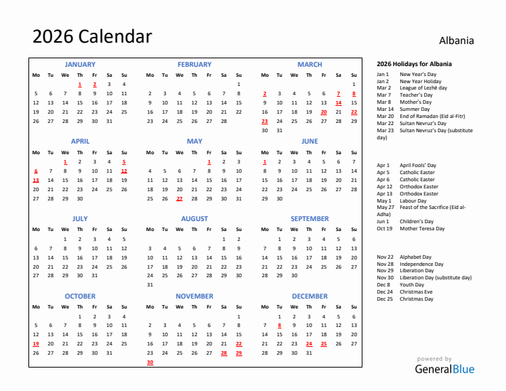 2026 Calendar with Holidays for Albania