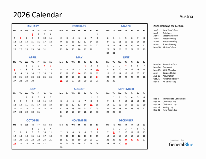 2026 Calendar with Holidays for Austria
