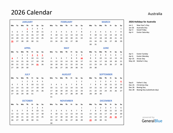 2026 Calendar with Holidays for Australia
