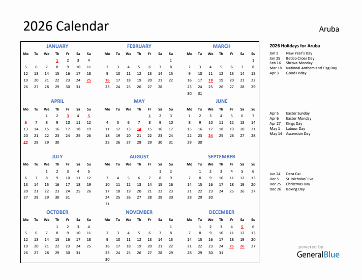 2026 Calendar with Holidays for Aruba