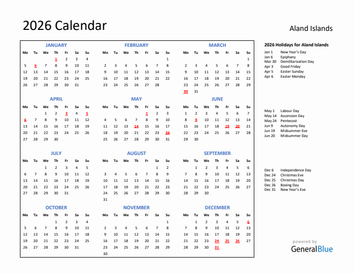 2026 Calendar with Holidays for Aland Islands
