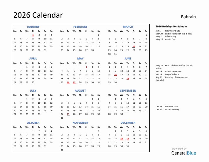 2026 Calendar with Holidays for Bahrain