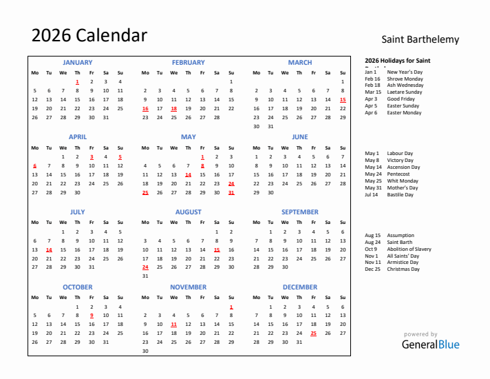 2026 Calendar with Holidays for Saint Barthelemy