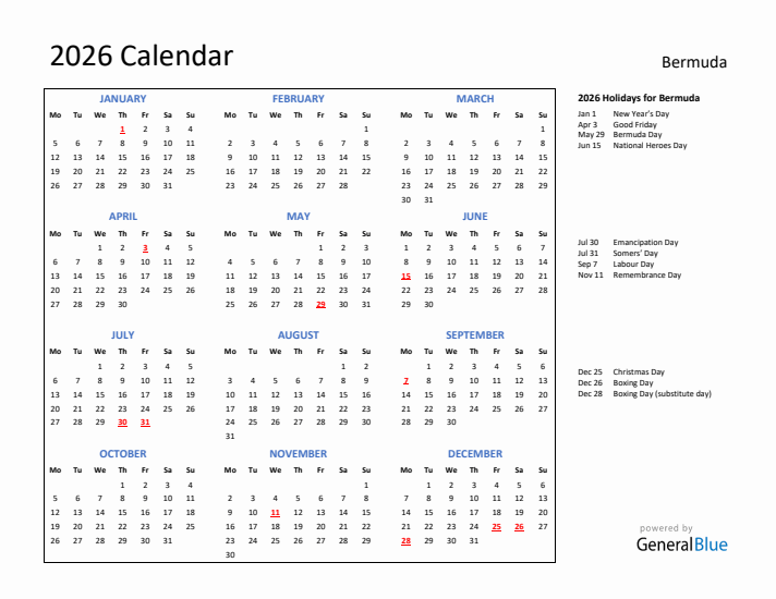 2026 Calendar with Holidays for Bermuda