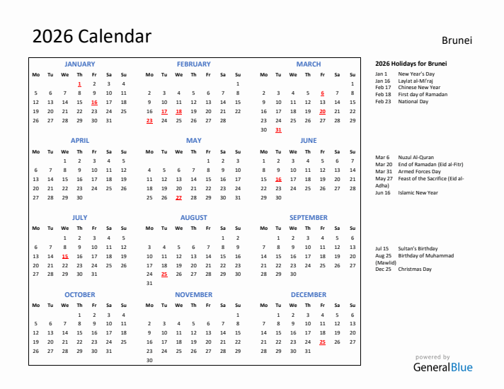 2026 Calendar with Holidays for Brunei