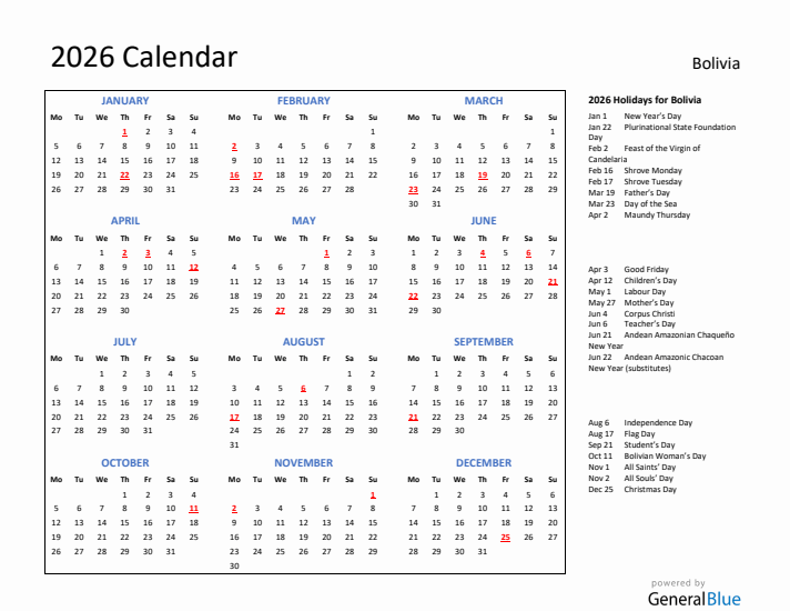 2026 Calendar with Holidays for Bolivia