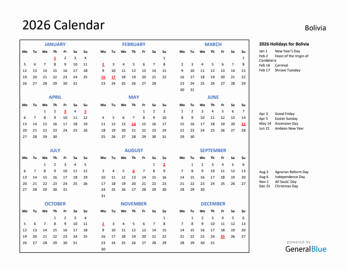 2026 Calendar with Holidays for Bolivia
