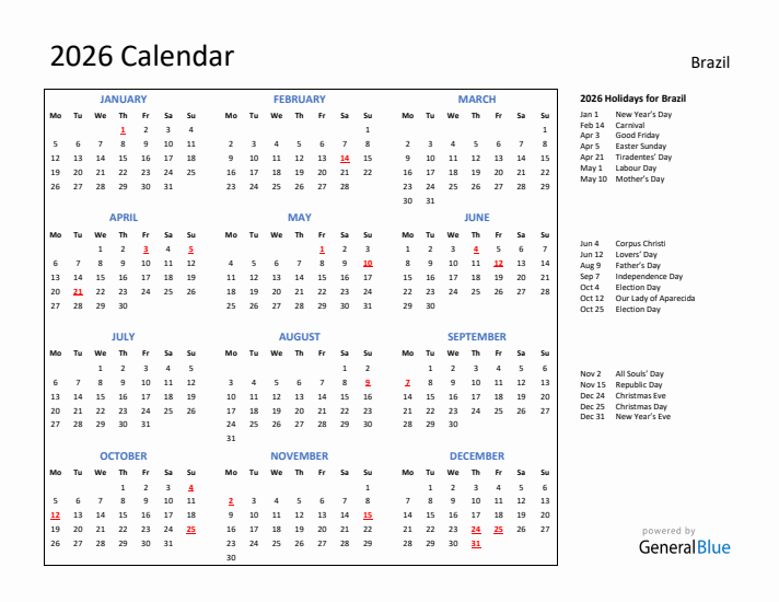 2026 Calendar with Holidays for Brazil