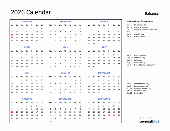 2026 Calendar with Holidays for Bahamas