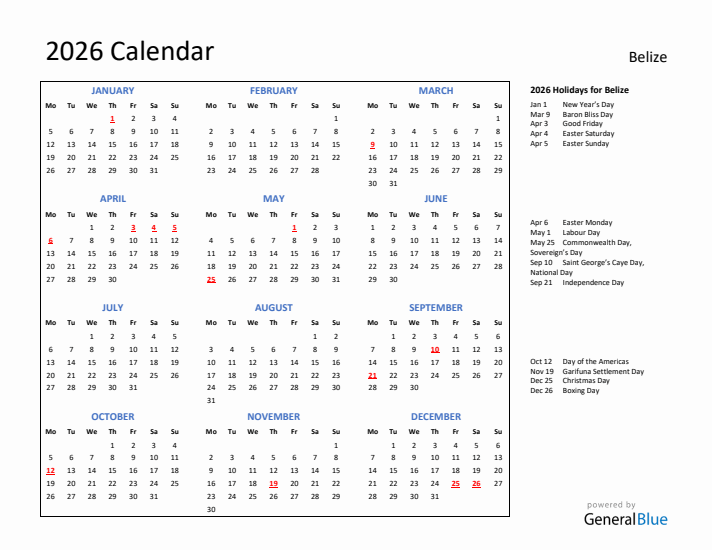 2026 Calendar with Holidays for Belize
