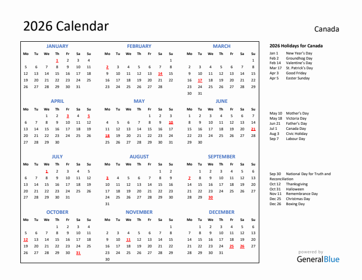 2026 Calendar with Holidays for Canada