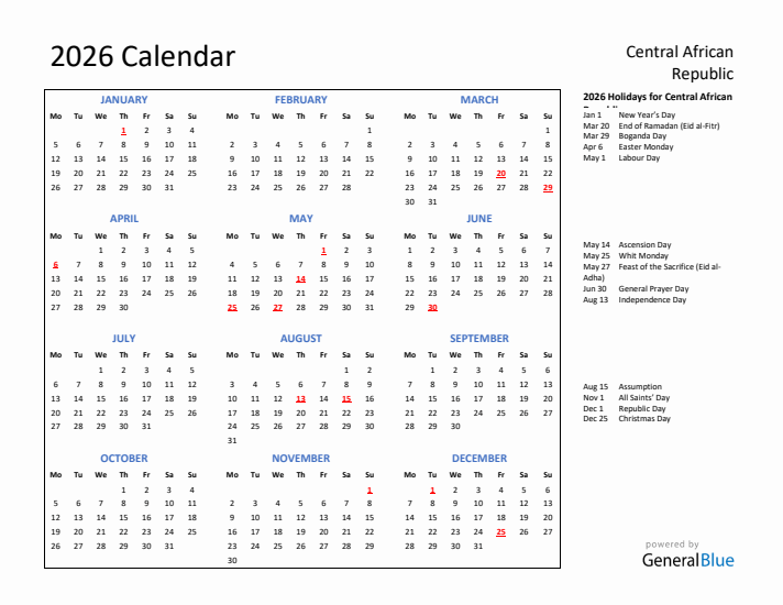 2026 Calendar with Holidays for Central African Republic