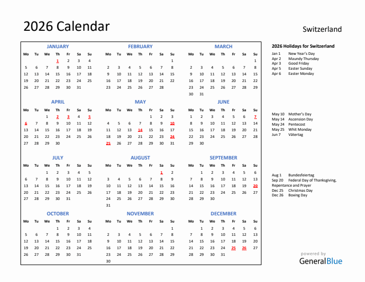 2026 Calendar with Holidays for Switzerland