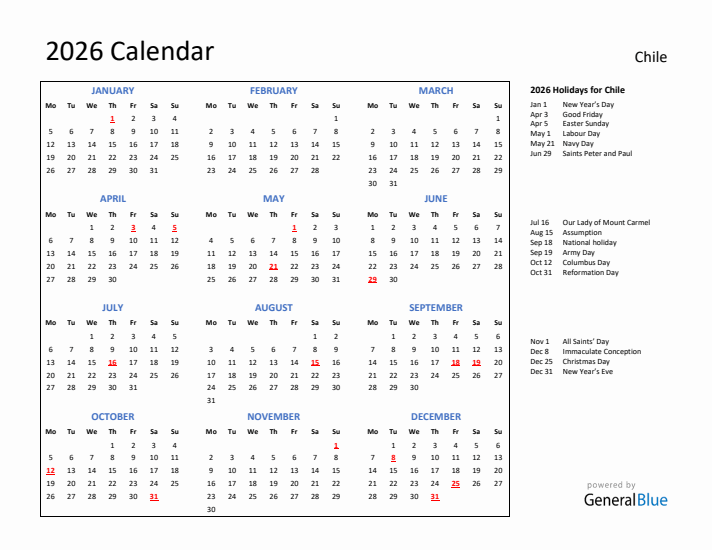 2026 Calendar with Holidays for Chile