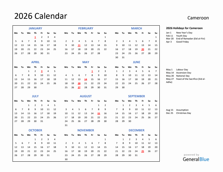 2026 Calendar with Holidays for Cameroon