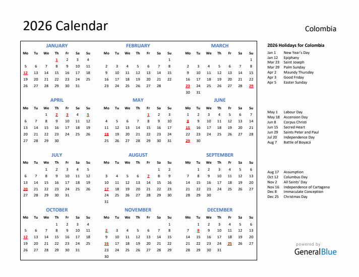 2026 Calendar with Holidays for Colombia