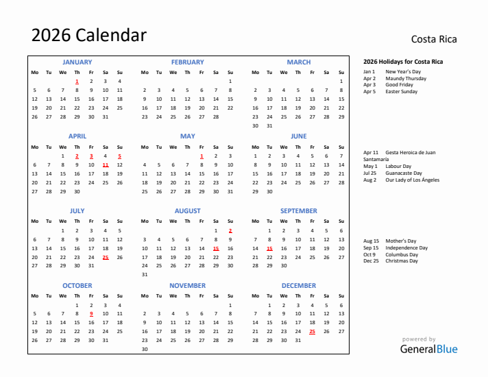 2026 Calendar with Holidays for Costa Rica