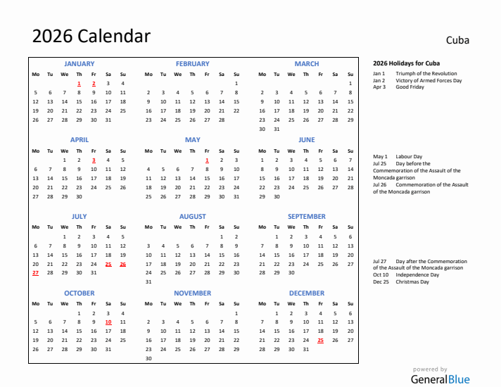 2026 Calendar with Holidays for Cuba